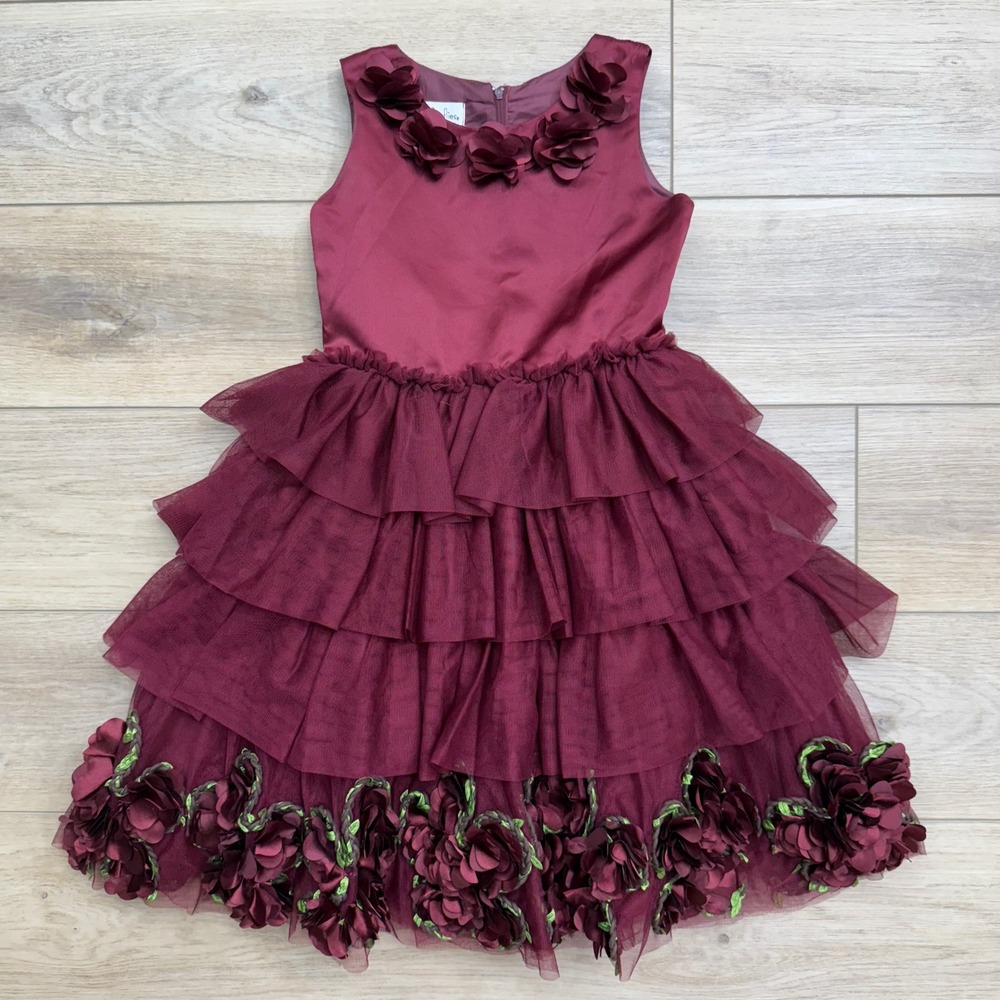 Chasing Fireflies Dress‎ Girl's Size 7 Burgundy Flower Party Holiday Ruffle